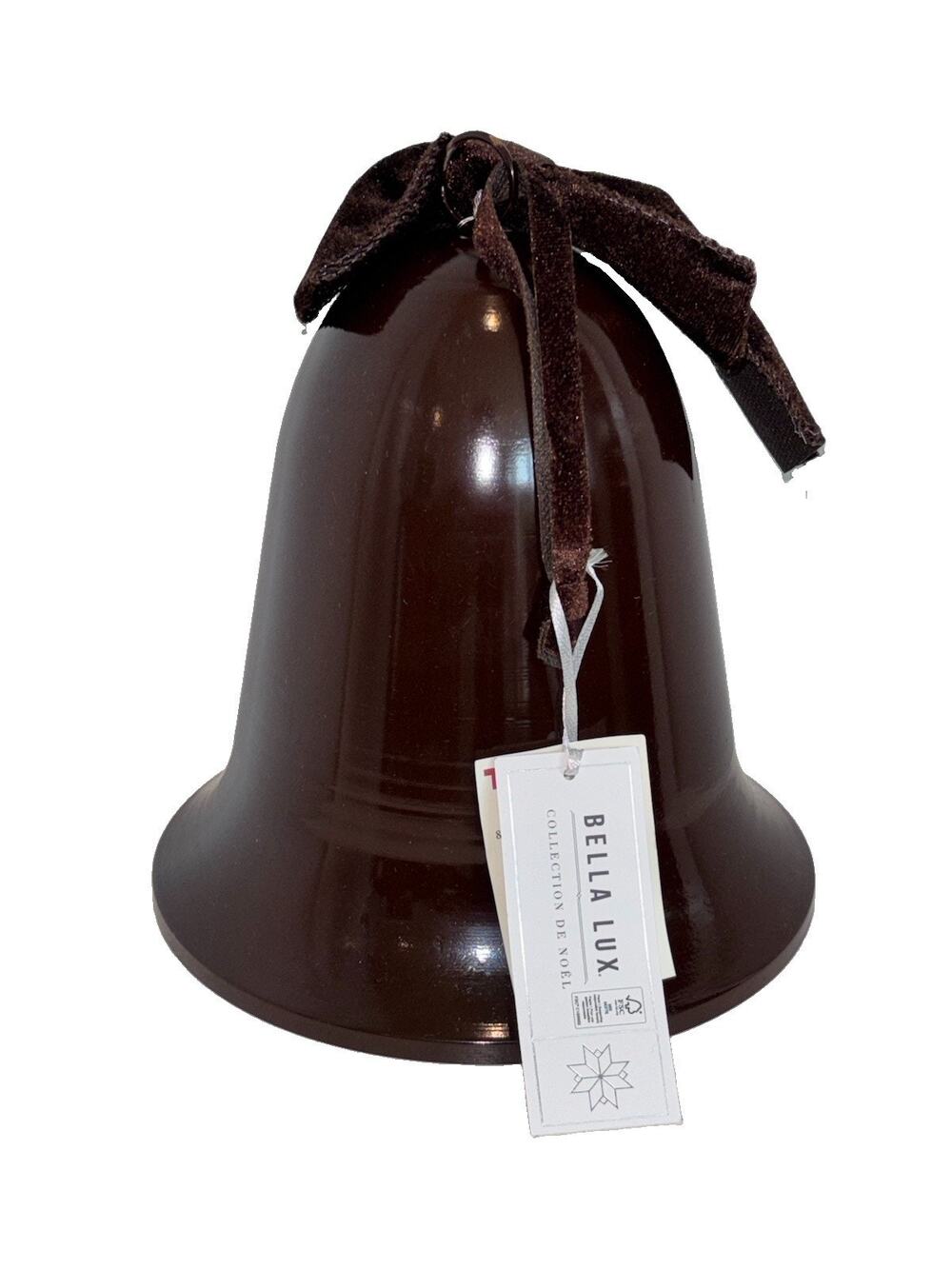 Bella Lux Christmas Chocolate Brown Bell 10" Holiday Velvet Bow Metal Decor New